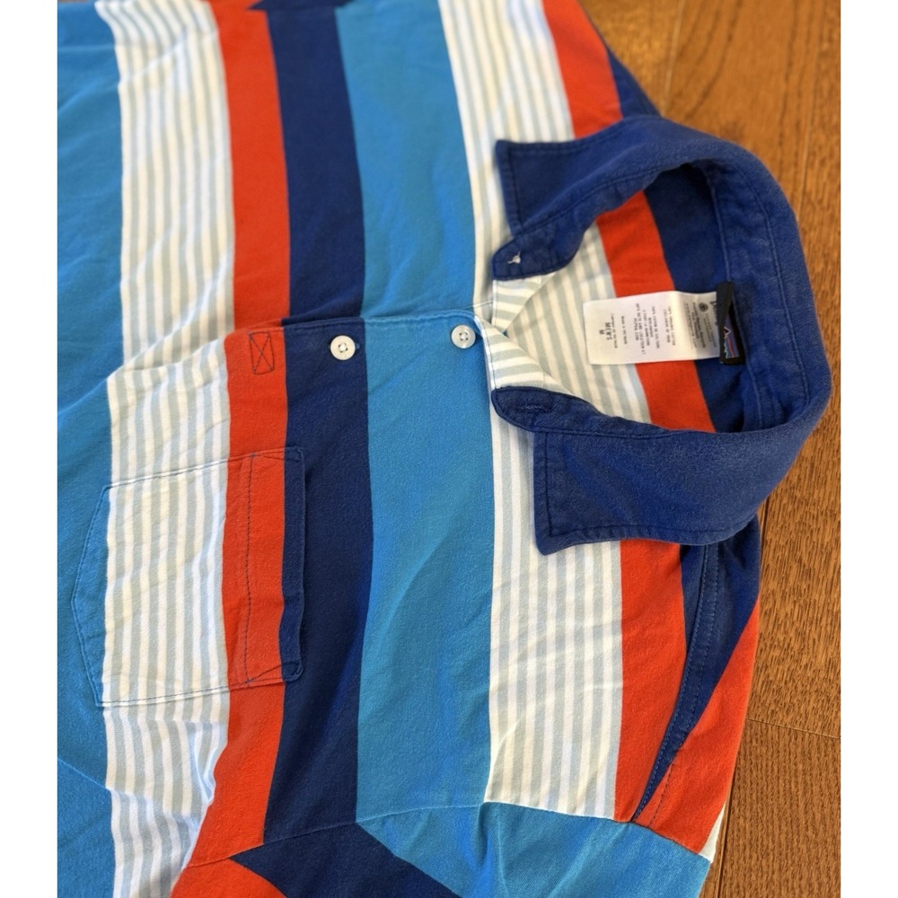 Patagonia Shirt Mens Medium Blue Striped Polo Organic Cotton Colorful Casual